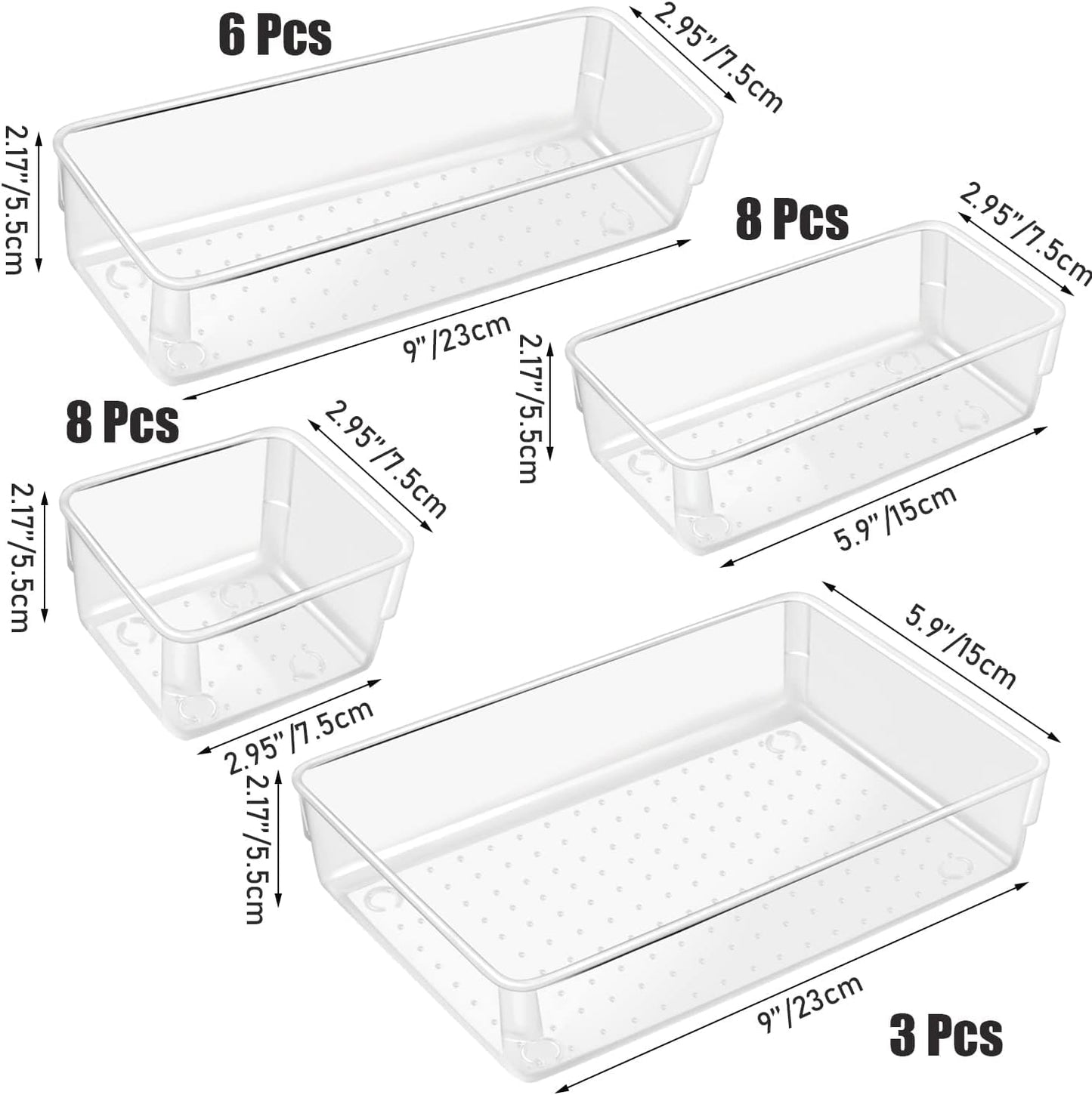 Zimtal Drawer Organizer (25) Set of 4 Size Versatile Desk Drawer Organizers and Storage Bins for Makeup, Bedroom, Jewelry, and Kitchen/Office Devices made of Clear Plastic (25 pcs)