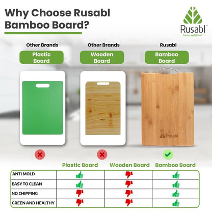 Rusabl Bamboo Wooden Chopping Board with Metal Handle, Multipurpose Cutting Board for Vegetables, Fruits & Cheese, for Kitchen Use, BPA Free, Eco-Friendly, Anti-Microbial (S, 30 x 20 cms)