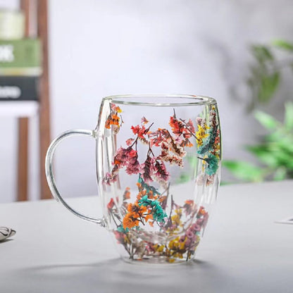 Four Tiger Flower Glass Double Wall Glass 10oz Coffee Cups with Handle Tea Cups Beverage Glasses Tea Mug Milk Mug a riot of colour Novelty Aesthetic Heat Resistant (Flourish Flower)