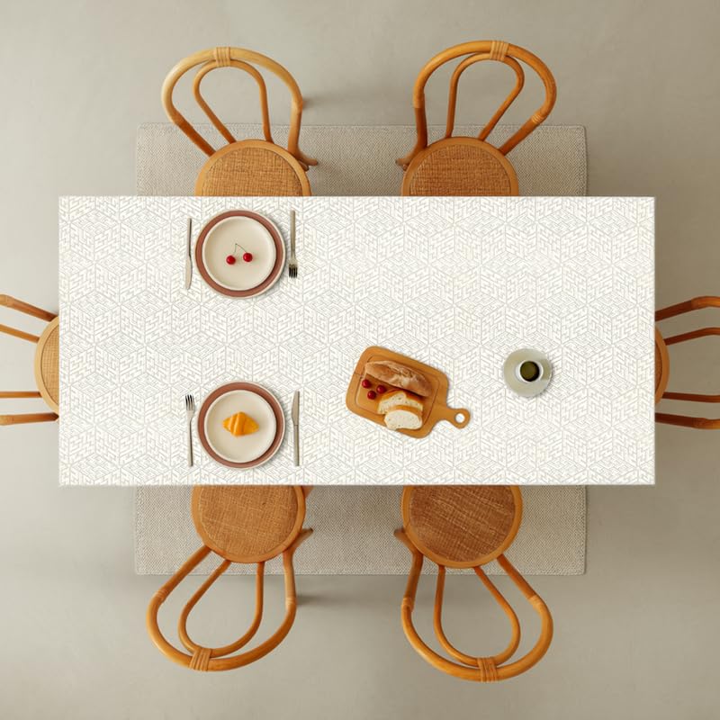 INtex Home Waterproof Tablecloth, Daniella Geometric Pattern Rectangle Table Cover, Stain Resistant Wipeable Fabric for Kitchen Dining Table, 1 Piece - Geometric Maze - Off-White - 200 x 270 cm