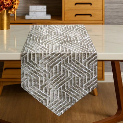 INtex Home Table Runner with V-Shaped End, Nadia’s Geometric Design in Heavy Duty Velvet Linen Fabric, Reception Living Room or Special Occasions, 1 Pc - 45 x 160 cm - Café