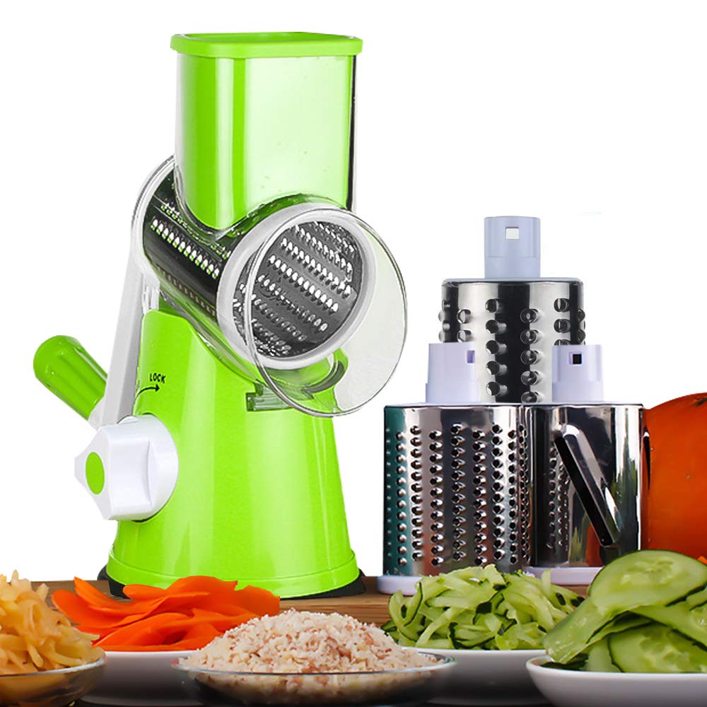 مبشرة جبن يدوية دوارة - قطاعة ماندولين دائرية بقاعدة شفط قوية، قطاعة خضراوات، مطحنة مكسرات، مفرمة جبن متعددة الأغراض