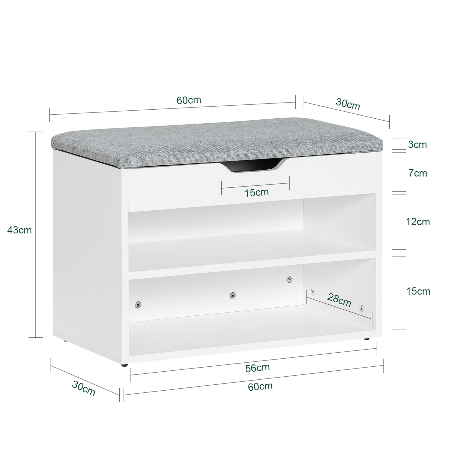 Shoe Storage Bench with Padded Seat, a functional entryway Shoe Rack and Cabinet, W60 x H43 x D30 cm, finished in a soft and neutral Light Grey color