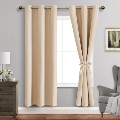 Blackout Curtains with Tiebacks - Thermal Insulated, Light Blocking and Noise Reducing Grommet Curtain Drapes for Bedroom and Living Room, Set of 2 Panels,