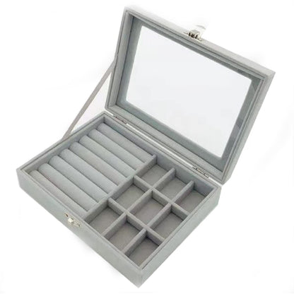 Velvet Jewelry Organizer Box, Clear Glass Lid Storage Case, Multifunction Ring Earrings Necklace Display Holder(gray)