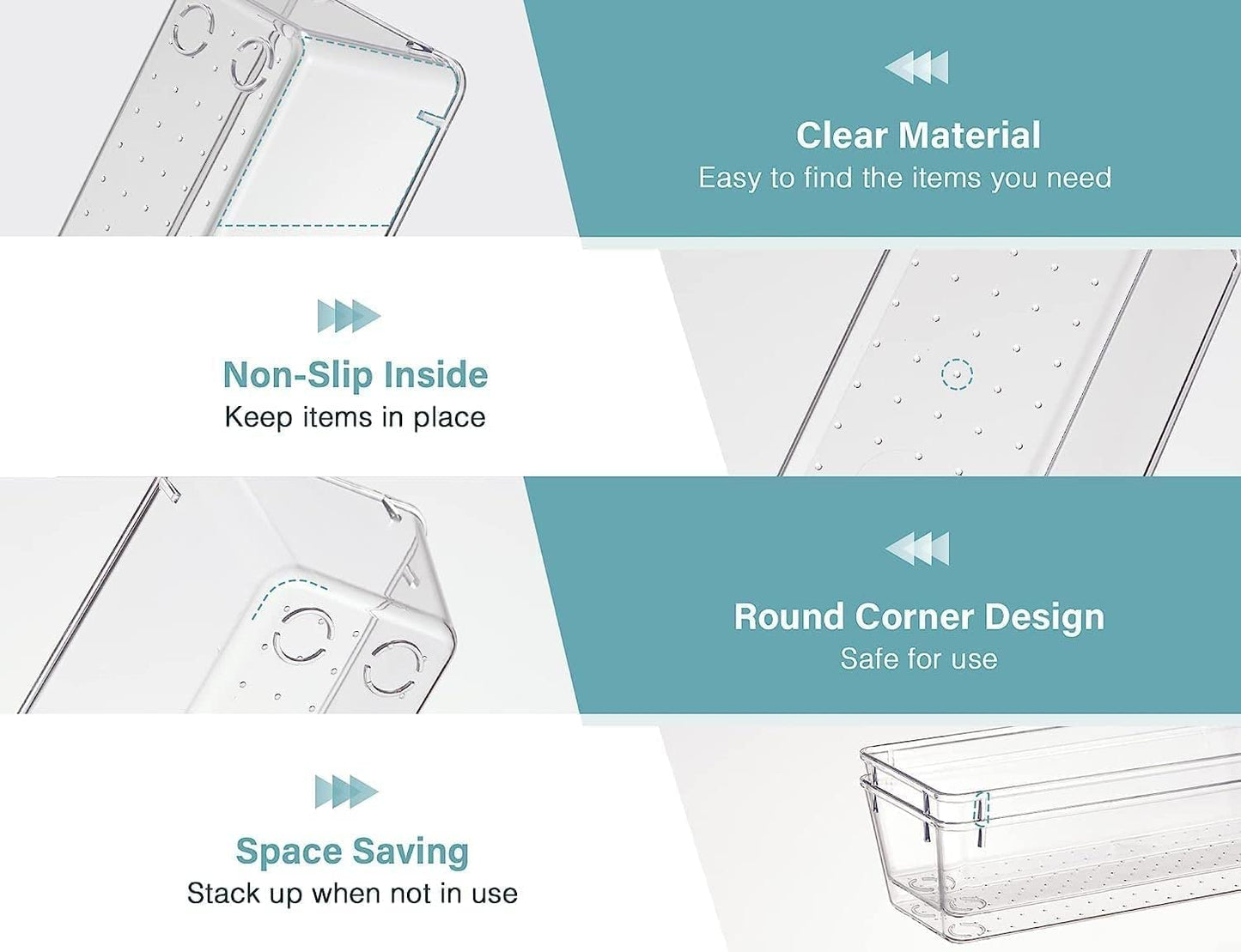 Xpandio Clear Plastic Drawer Organizers Set, Versatile Bathroom and Vanity Drawer Organizer Trays, Storage Bins for Makeup, Bedroom, Kitchen Gadgets Utensils and Office (4 PC LONG LARGE)