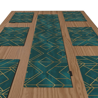 Gold Teal Canvas Placemats Set of 6 in Dark Green & Gold, each 45x30 cm, durable and washable table mats for protecting your dining surface with a touch of modern, elegant style