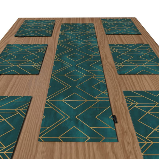 Gold Teal Canvas Placemats Set of 6 in Dark Green & Gold, each 45x30 cm, durable and washable table mats for protecting your dining surface with a touch of modern, elegant style
