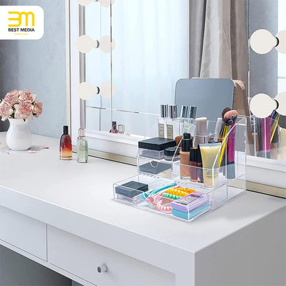 Acrylic Desk Organizer with 2 Drawers, Clear 5-Compartment Pen Holder and File Sorter, All-in-One Office Supplies Storage for Dorm, Home, and School, Desktop Caddy