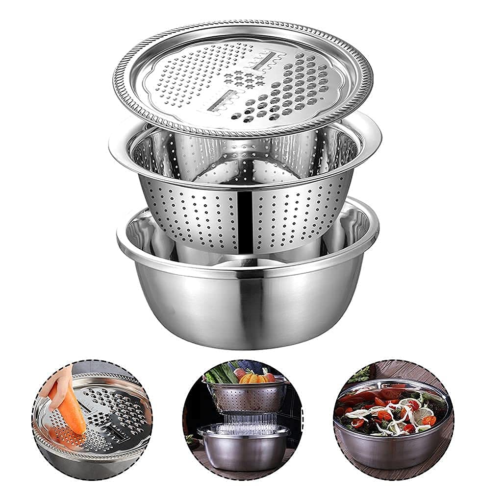 Niralasa 3 in 1 Kitchen Multipurpose 11 Inch Silver Stainless Steel Drain Basket, Vegetable Cutter, Julienne Grater