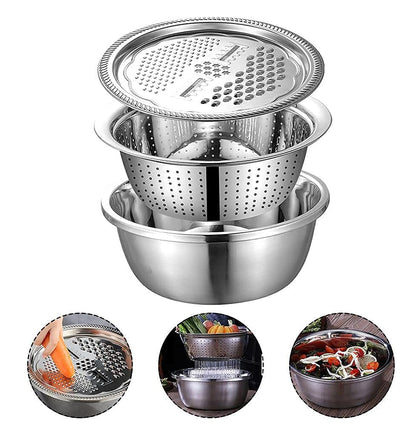 Niralasa 3 in 1 Kitchen Multipurpose 11 Inch Silver Stainless Steel Drain Basket, Vegetable Cutter, Julienne Grater