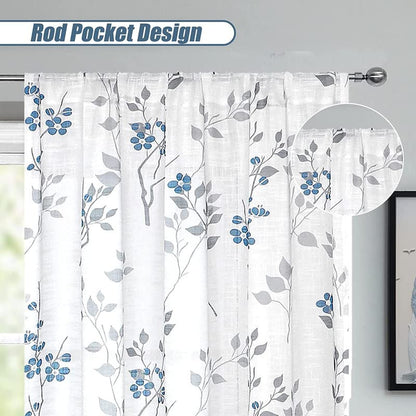 INtex CURTAINS HOUSE Rich Natural Linen curtains - Printed floral curtains- Semi-transparent - Road Pocket grommets for living room, bedroom, kitchens, 1 piece 150 * 210 Navy Blue/Blue