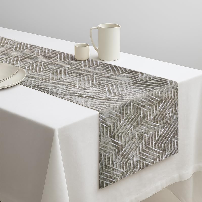 INtex Home Table Runner, Nadia’s Geometric Design in Heavy Duty Velvet Linen Fabric, Elegant Rectangular Accent for Reception Living Room or Special Occasions - 1 Pc- 40 x 130 cm - Café