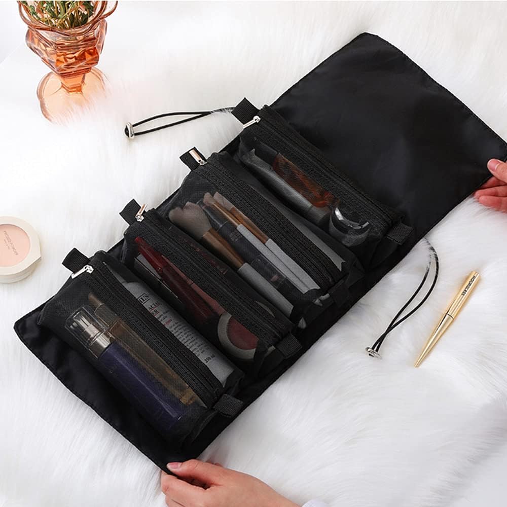 LATIT Toiletry Bag Travel,4 in 1 Waterproof Foldable Makeup Cosmetic Bag, Portable Compact Cosmetic Travel Bag, Small Removable Toiletry Bag for Women and Girls, Black,