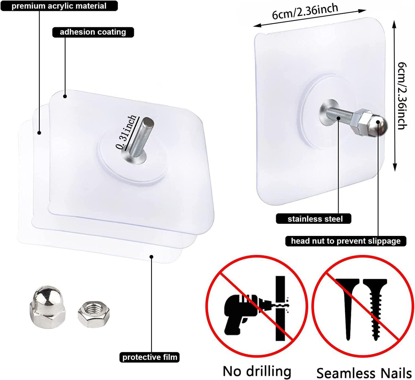 10 x Adhesive Wall Screws Hanging Nails for Hanging Adhesive Screws Wall Mounting Hooks for Kitchen, Bathroom, Bedroom, Living Room