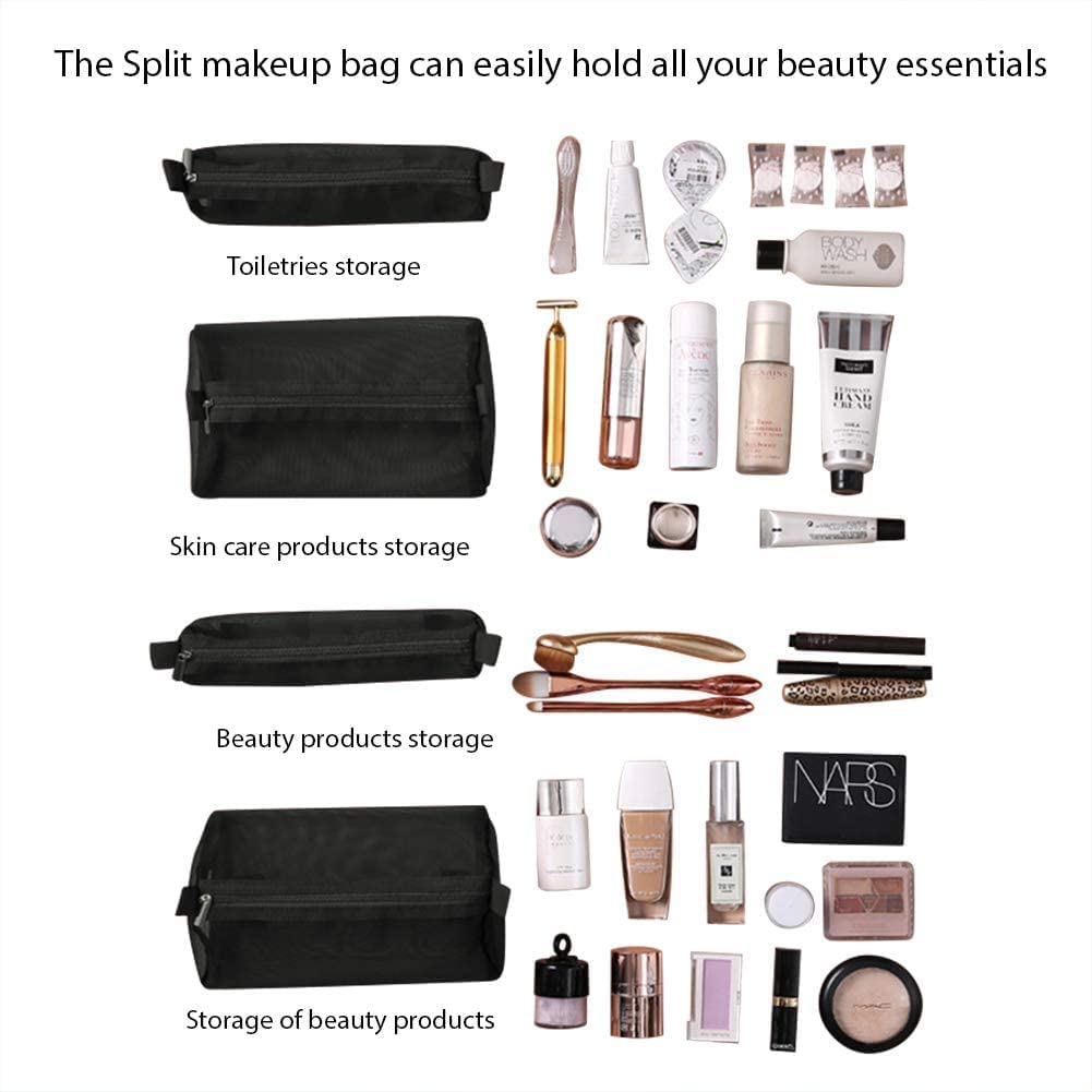 JD FRESH 4 in 1 Large Cosmetic Mesh Bag/Toiletry Pouch for Men and Women/Makeup Organizer/Portable Travel Bag/Makeup Essentials(Black)