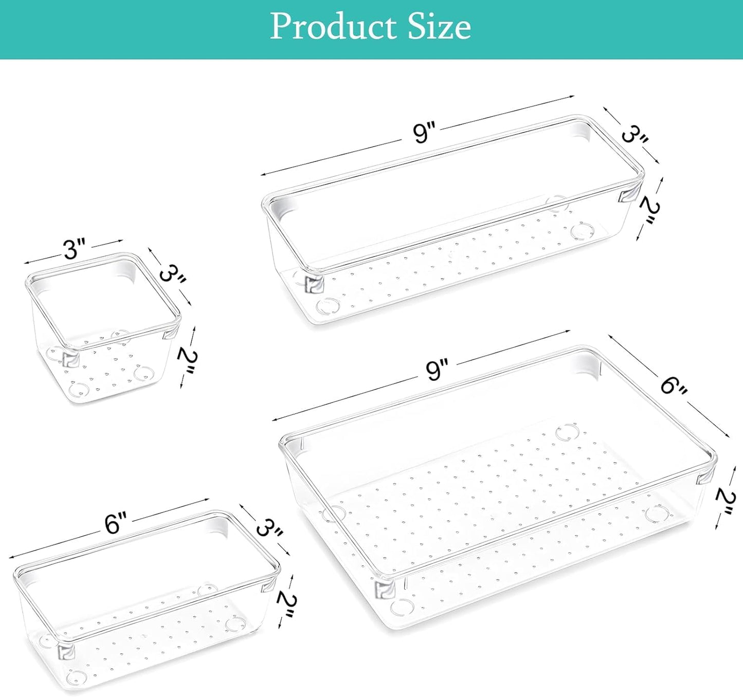 Xpandio Clear Plastic Drawer Organizers Set, 4 different size Versatile Bathroom and Vanity Drawer Organizer Trays, Storage Bins for Makeup, Bedroom, Kitchen Gadgets Utensils and Office (4 PC SET NEW)