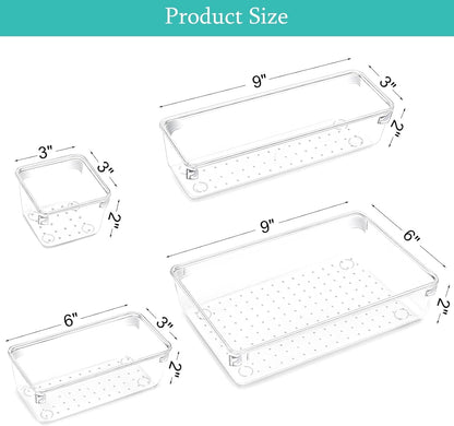 Xpandio Clear Plastic Drawer Organizers Set, 4 different size Versatile Bathroom and Vanity Drawer Organizer Trays, Storage Bins for Makeup, Bedroom, Kitchen Gadgets Utensils and Office (4 PC SET NEW)