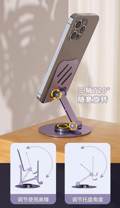 KM TECHNOLOGY Cellphone Stands Holders Desktop Metal 360 Rotatable Height Adjustable Foldable Cell Phone Stand for Recording Charger Compatible with iPhone, Samsung and More (Black)