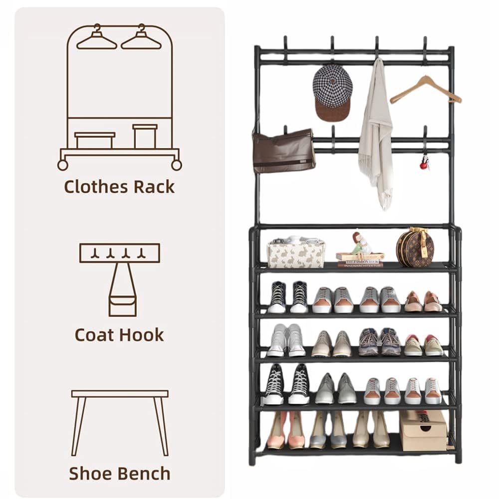 Malory 5 Tier Entryway Coat Rack,3-in-1 Shoe Rack Hall Tree Shoe Bench with Coat Hat Umbrella Rack,Storage Shelves with 8 Hooks,Multifunctional Hallway Organizer
