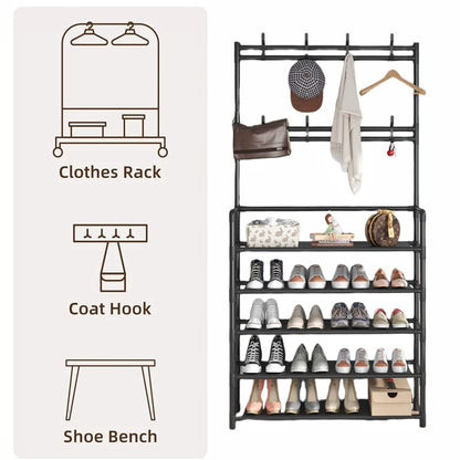 Malory 5 Tier Entryway Coat Rack,3-in-1 Shoe Rack Hall Tree Shoe Bench with Coat Hat Umbrella Rack,Storage Shelves with 8 Hooks,Multifunctional Hallway Organizer