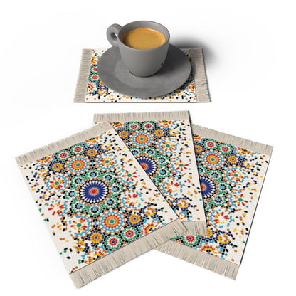 Rug Coaster Set – Set of 4 Mini Carpet Coasters with Velvet Surface & Leather Backing, Non-Slip, 14x9 cm, Elegant Table Protection & Gift Idea