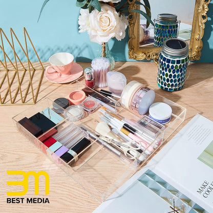 Clear Acrylic Drawer Organizer Set of 2, Includes a 6-Section and a 3-Section Divided Tray, Perfect as Desk Drawer Inserts, Makeup Storage, and Vanity Organization Solution