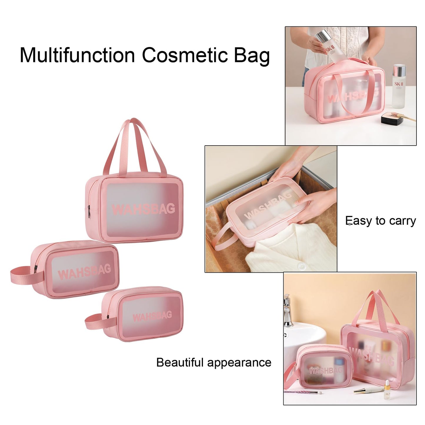 Qupzsen Travel Toiletry Bag for Women and Men - Matte Translucent Bag with Handy Handle - Makeup Cosmetic Organizer for Travel Toiletries Accessories, Pink, 3