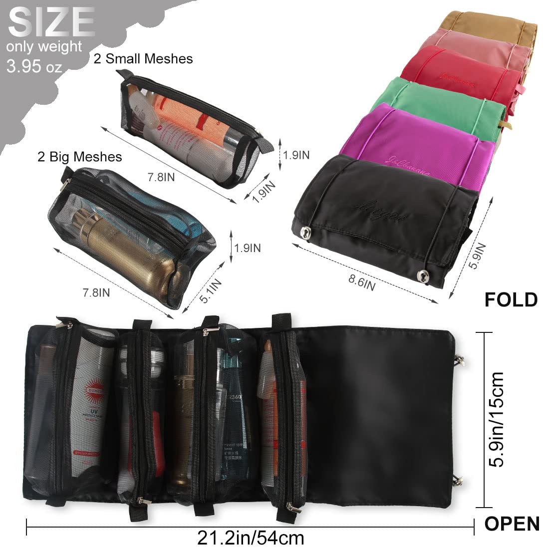 M MUNCASO Hanging Roll-Up Makeup Bag, 4-in-1 Foldable Toiletry Bag for Travel, Removable Storage Bags, Travel Cosmetic Organizer Bag for Women/Men, Black-2