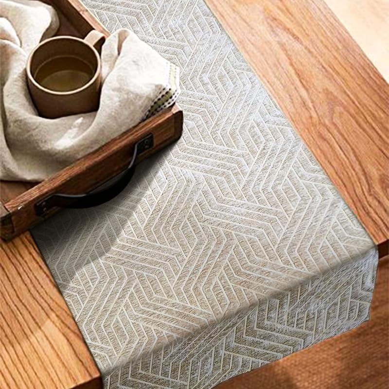 INtex Home Table Runner, Nadia’s Geometric Design in Heavy Duty Velvet Linen Fabric, Elegant Rectangular Accent for Reception Living Room or Special Occasions - 1 Pc- 40 x 130 cm - Café