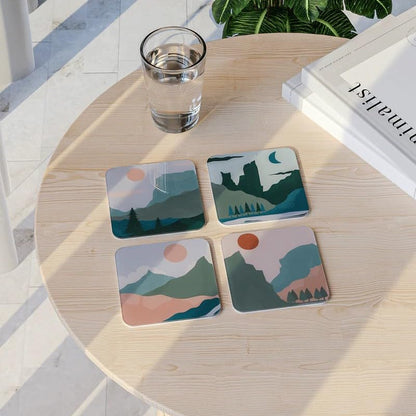Acrylic Coaster Set of 4, 9×9 cm, Heat and Moisture Resistant Drink Coasters, Mountain Landscape Design, Acrylic for Coffee Tables Desks Dining Decor, Set of Decorative Mats