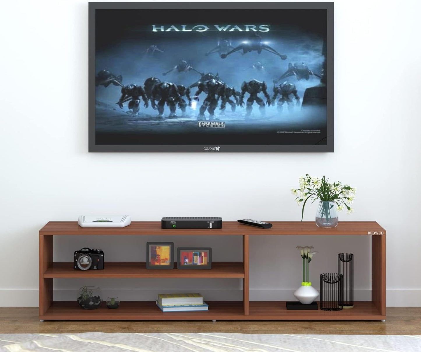 Geometric TV Bookcase Entertainment Unit,Wood TV Cabinet Stand Table for Screens Up to 132.1 cm, Display Rack for Devices in a Rich Brown Walnut Finish for Any Room