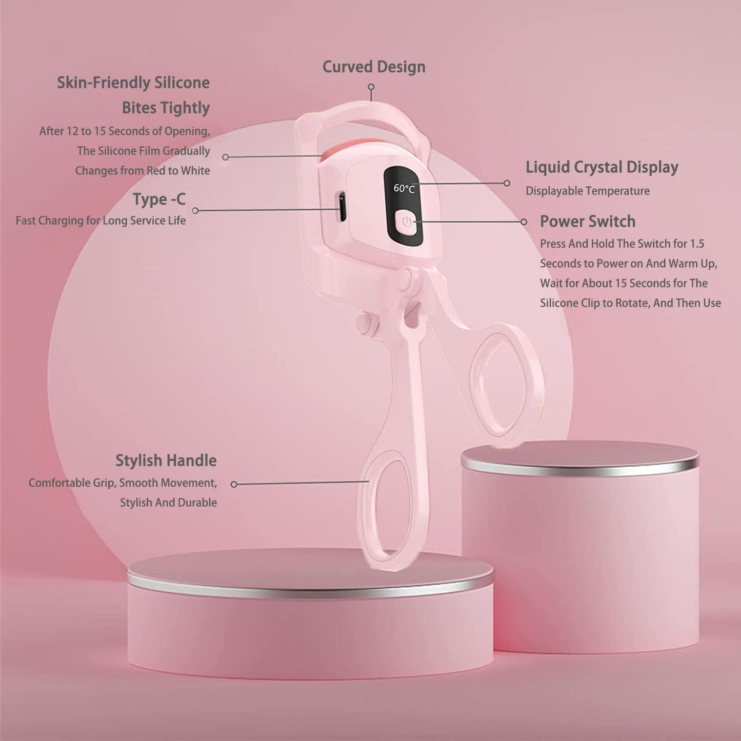 YelaJoy Heated Eyelash Curler, USB Rechargeable, 3 Heat Modes, LCD Display, Pink
