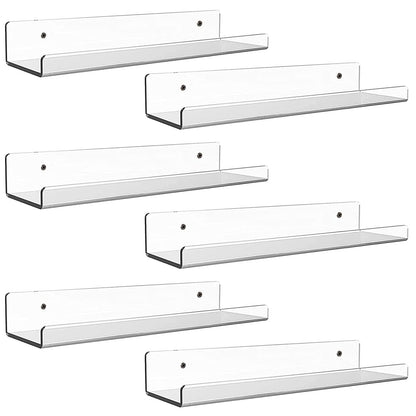 6 Pack Clear Acrylic Floating Shelves for Wall – 38.1 cm Invisible Ledge and Bookshelf, Modern Display Rack for Spices, Nail Polish, Records, and Funko Pop Figures