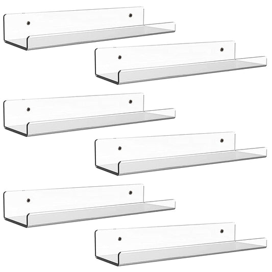 6 Pack Clear Acrylic Floating Shelves for Wall – 38.1 cm Invisible Ledge and Bookshelf, Modern Display Rack for Spices, Nail Polish, Records, and Funko Pop Figures