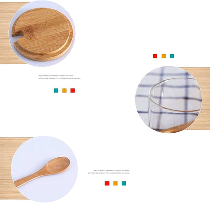 PENGQIMM Condiment Container Seasoning Box Set, Glass Condiment Canisters Pots,Condiment Jars with Bamboo Lids,Base and Spoons,Spice Containers for Sugar, Salt, Pepper,300ml/10oz, Pack of 3