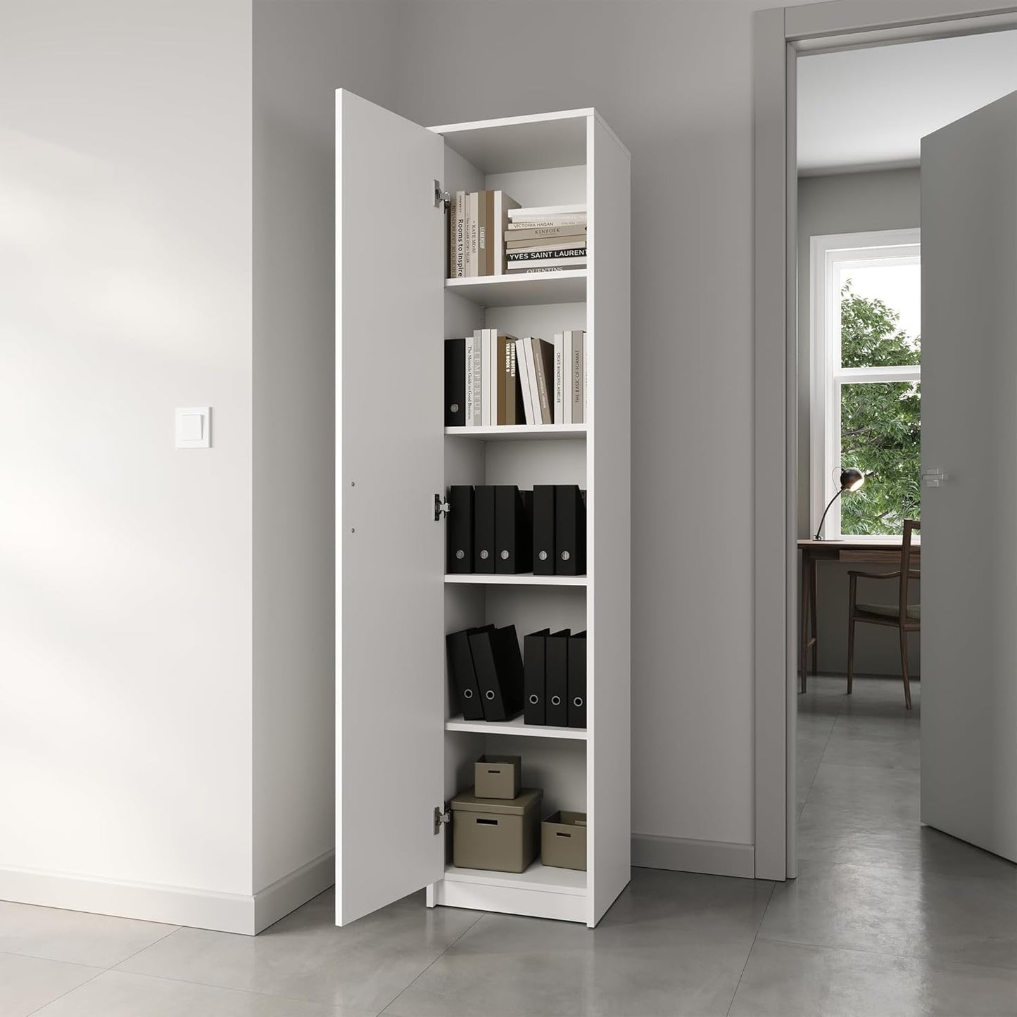 TalLMulti-Purpose Cabinet, 1.8m Height, NarroW40cm Width with 4 Shelves and White Drawer, Medium DensityWood File Organizer, Suitable for Every