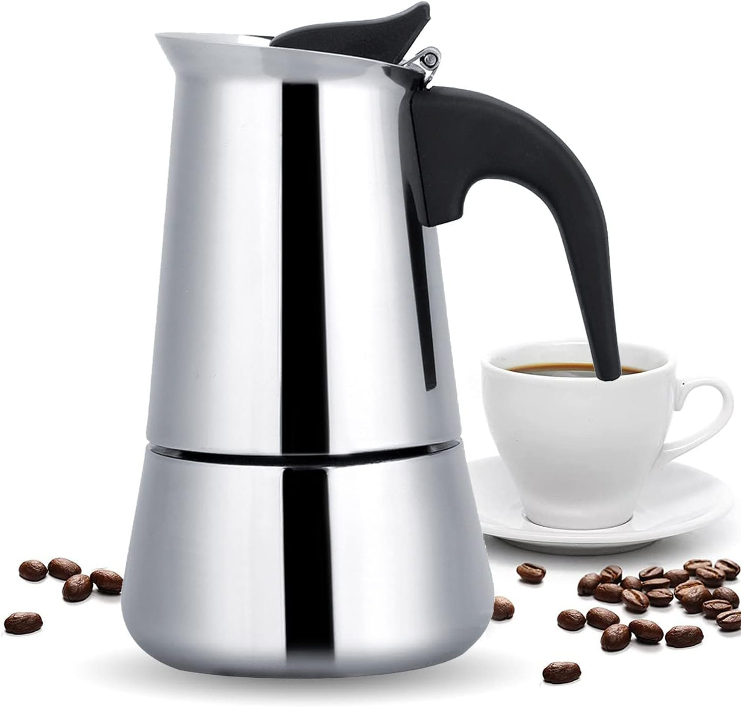 THW® Stovetop Espresso Maker - Moka Pot, 200ml (4 Cups) - Stainless Steel Italian Coffee Maker for Mocha, Cappuccino & Latte - Quick Brewing & Ergonomic Design