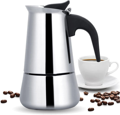 THW® Stovetop Espresso Maker - Moka Pot, 200ml (4 Cups) - Stainless Steel Italian Coffee Maker for Mocha, Cappuccino & Latte - Quick Brewing & Ergonomic Design