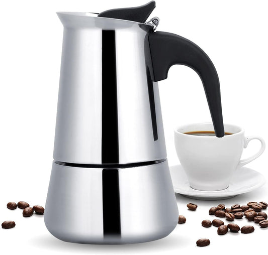 THW® Stovetop Espresso Maker - Moka Pot, 200ml (4 Cups) - Stainless Steel Italian Coffee Maker for Mocha, Cappuccino & Latte - Quick Brewing & Ergonomic Design