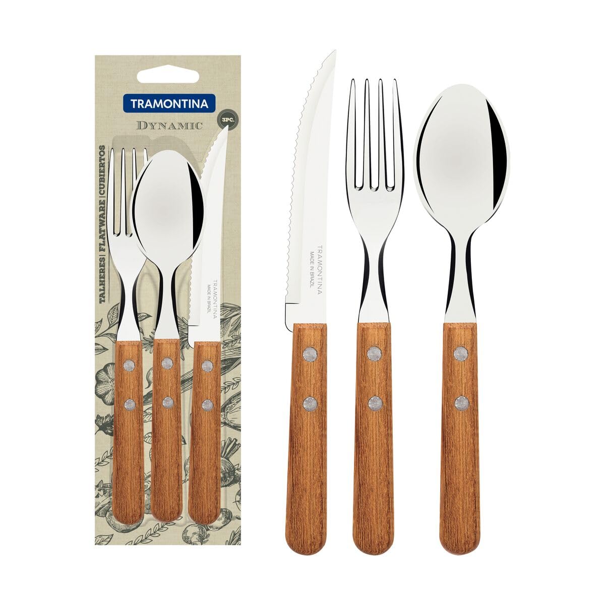 Dynamic 3-Piece Flatware Set – Stainless Steel Blades with Natural Wood Handles – Includes Steak Knife, Fork, and Spoon – Durable and Stylish for Dining and Kitchen Use