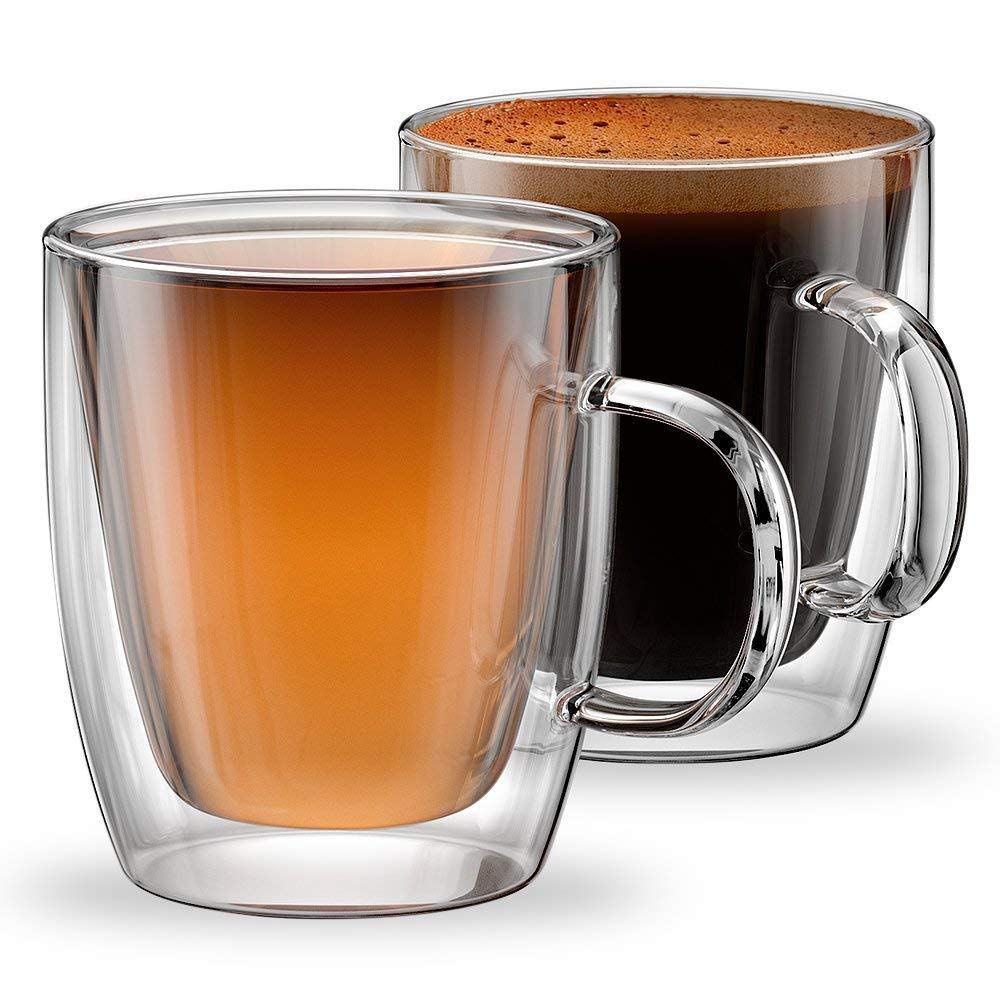 Set of 2 Double Wall Insulated Glass Coffee Mugs for Espresso, Latte, Cappuccino, Thermo Glassware, Modena Collection