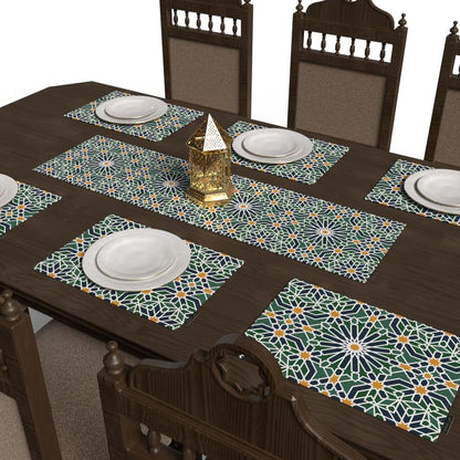 Ramadan's Unique Adden Velvet Runner in Green & Blue, a Rich 35x140 cm Decorative Centerpiece with a Garden-Inspired Islamic Pattern, bringing a sense of Paradise to your Ramadan Decor
