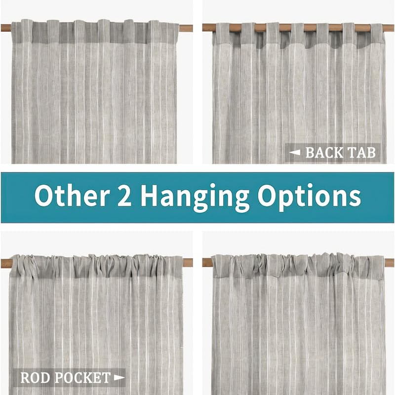 INtex CURTAINS HOUSE Linen Curtains for Living Room, Semi-Sheer Light-Filtering Drapes with White Stripes, Natural Fabric, 2 Hanging Options, 1 Piece - Off-White - 200W x 230L CM