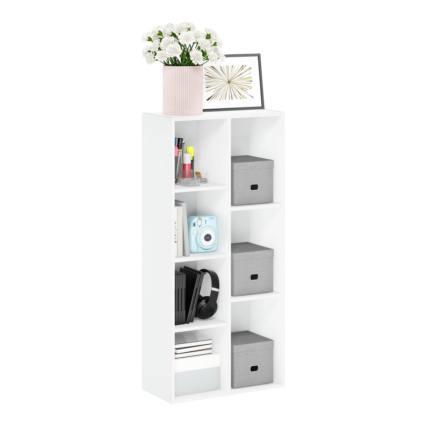 5-Tier Narrow Vertical Wall Unit, Tall Column Floating Storage Organizer and Utility Shelf for Bedroom or Living Room, Space-Saving Design in a White Laminate Finish