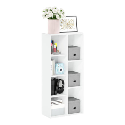 5-Tier Narrow Vertical Wall Unit, Tall Column Floating Storage Organizer and Utility Shelf for Bedroom or Living Room, Space-Saving Design in a White Laminate Finish
