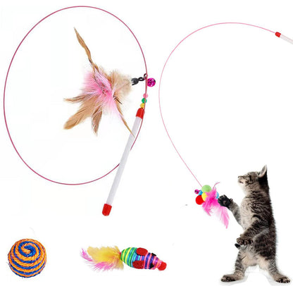 cue 4PCS Cat Toy, Cat Games with Colorful Bells and Poms, Funny Cat Stick,For interaction with cats, suitable for indoor play and training