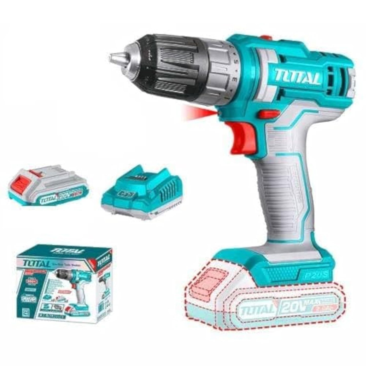 Total Lithium-Ion cordless drill TOTAL 20V 2A Mechanical 2-speed gear 45NM Spindle lock function - TDLI200518