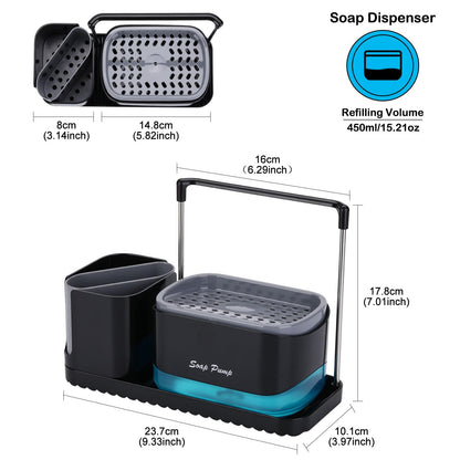 GINZER Dish Soap Dispenser with Tray for Kitchen Sink, Countertop Storage Organizer with Dishcloth Rack,Brush and Sponge Holder