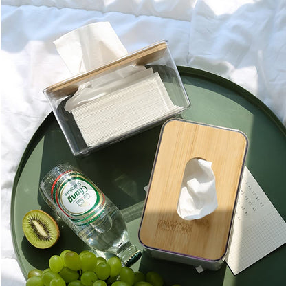 YESTOO Clear Tissue Holder, Acrylic Dryer Sheet Dispenser Box with Bamboo Lid, Transparent Container, Minimalist Design. Tissue Organizer for Laundry, Living Room, Bathroom, Bedroom, Medium Size
